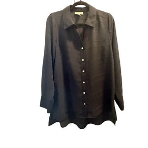 Dana Buchman Black Textured Semi-Sheer Button-Up Blouse Gold Buttons Sz L EUC